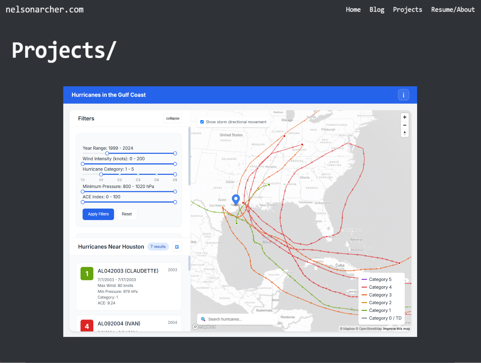 Screenshot showing the hurricane tracker embedded in my portfolio site