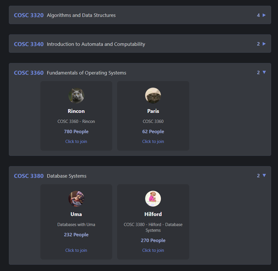 UH CS Discord directory showing expanded course rows with professor Discord cards