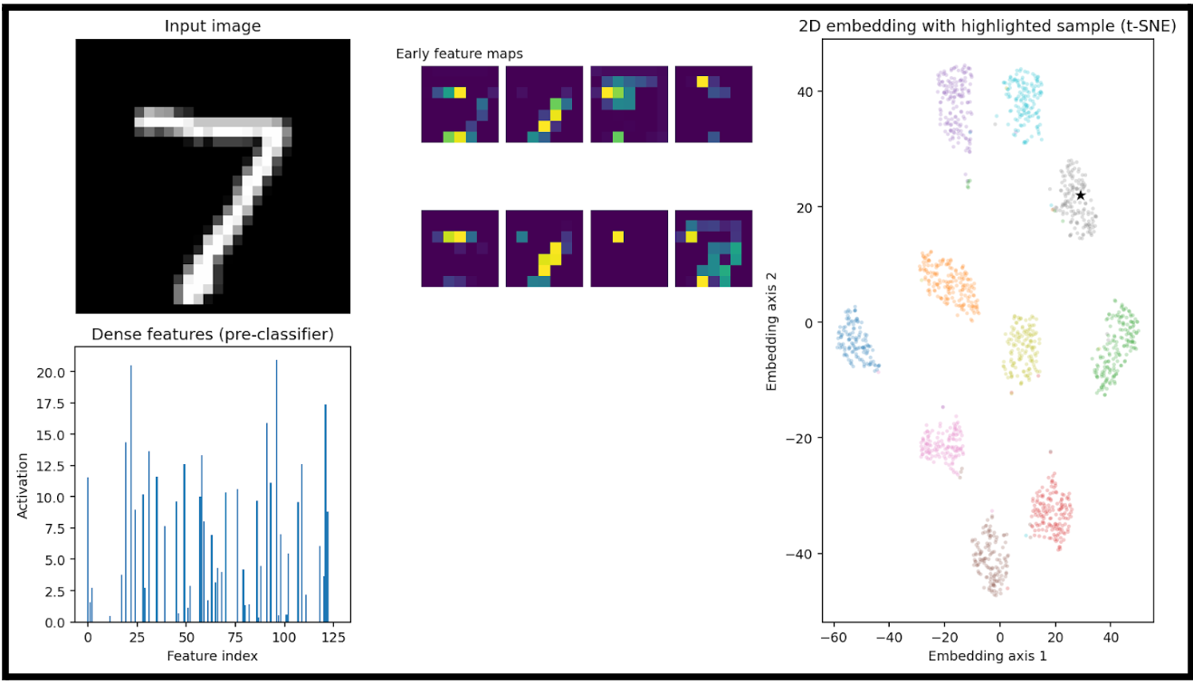 Visualization pipeline showing input image, feature maps, feature vector, and t-SNE plot